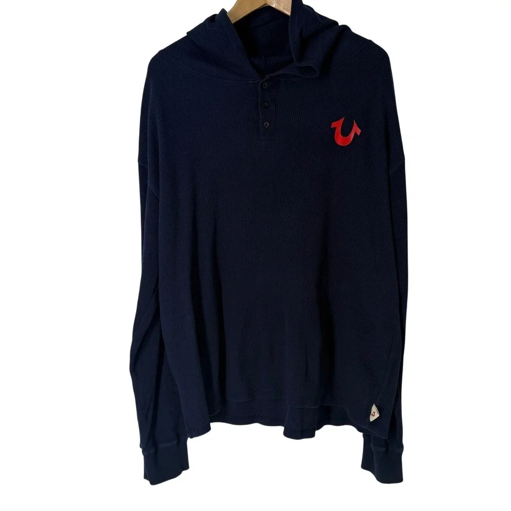 True Religion Mens Navy Blue Waffle Knit World Tour Graphic Henley Hoodie 3XL